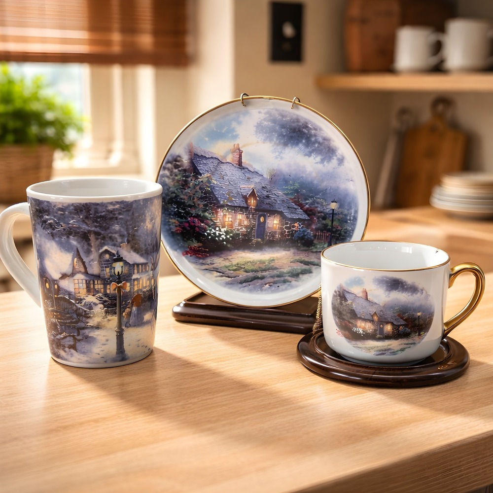 Thomas Kincade "Moonlight Cottage" Cup & Saucer Collectors Set & Coffee Mug Lot